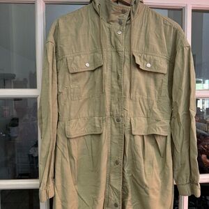 7 FOR ALL MANKIND womens hooded utility jacket size M green pockets cotton blend